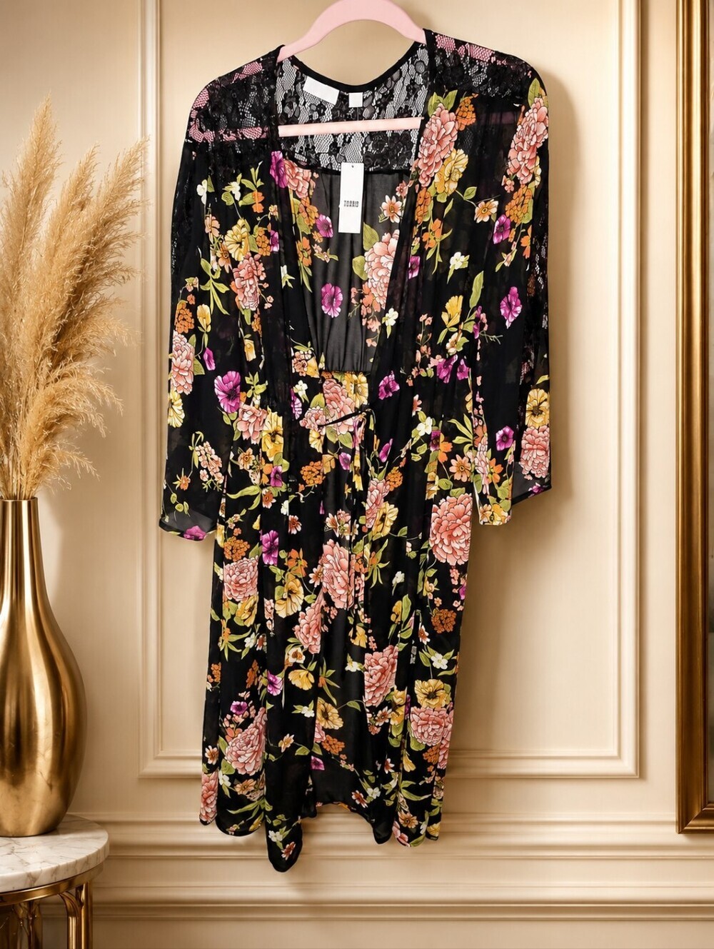 New York & Company Black Floral Sheer Maxi Duster Kimono XL Boho Lace